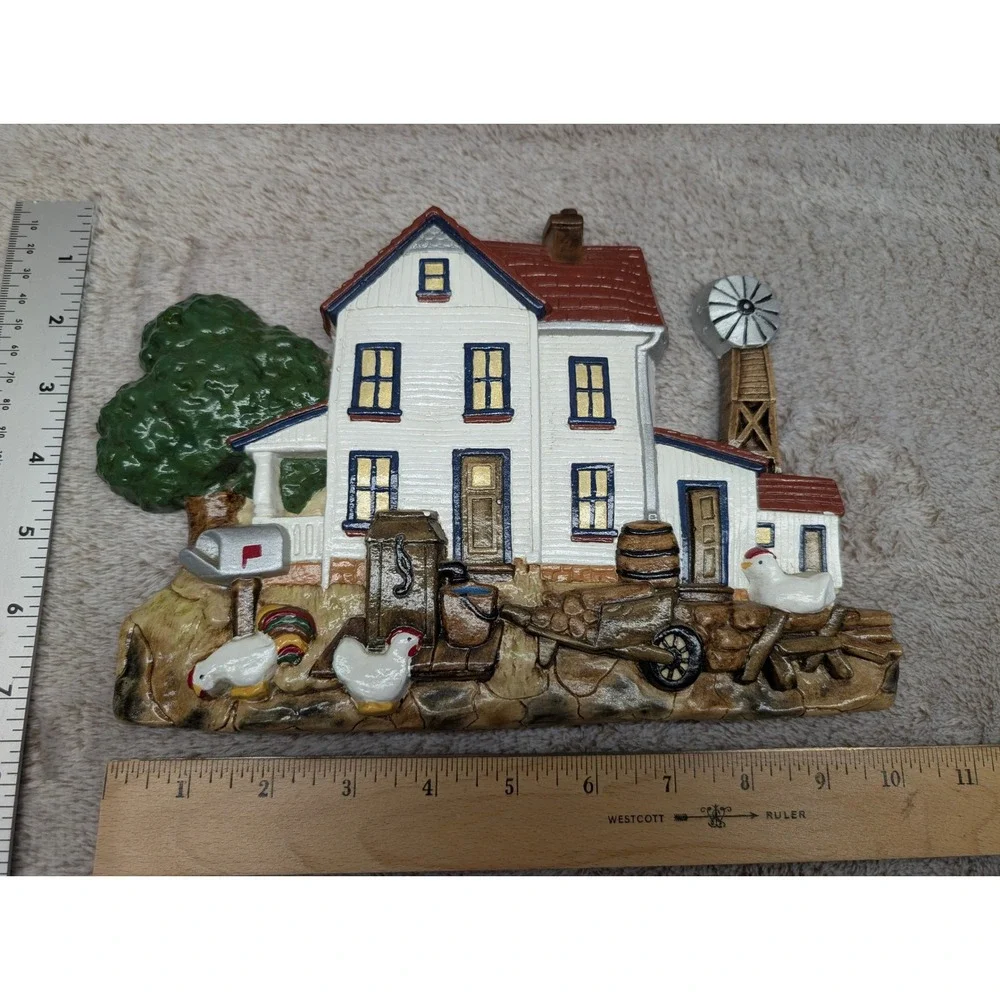 Vintage Farmhouse Barn & Country House Chalkware Wall Plaques Hand Painted Pair